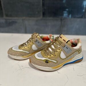 Gucci Metallic Calfskin Glitter Mesh Womens Ultrapace Sneakers Gold